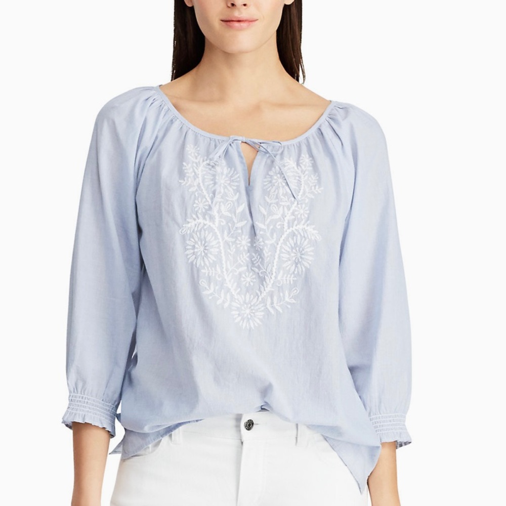 Chaps Floral Embroidered Peasant Top NWT LP - Picture 2 of 12